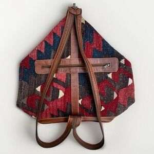Yun Art Kilim Backpack Sling Bag Multicolor Handmade‎ Leather Trim Turkish Wool